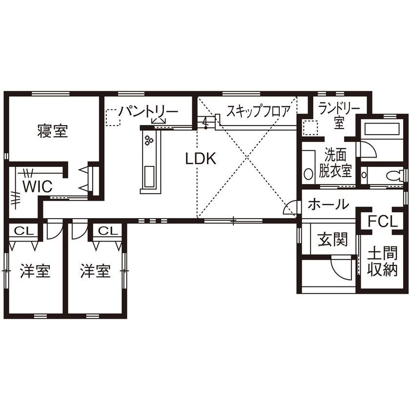 サンクスホーム 【3000万円台×平屋｜間取り図有】ウッドデッキにスキップフロア。リビングからワクワクが広がる住まいの間取り図（3LDK）1階