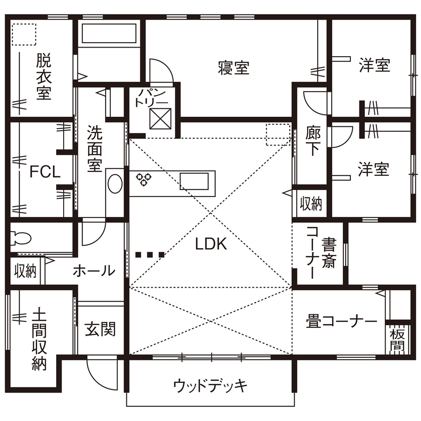 サンクスホーム 【2000万円台×平屋｜間取り図有】いつか見た伊勢の酒蔵をイメージした開放的で落ち着いた住まいの間取り図（3LDK）1階