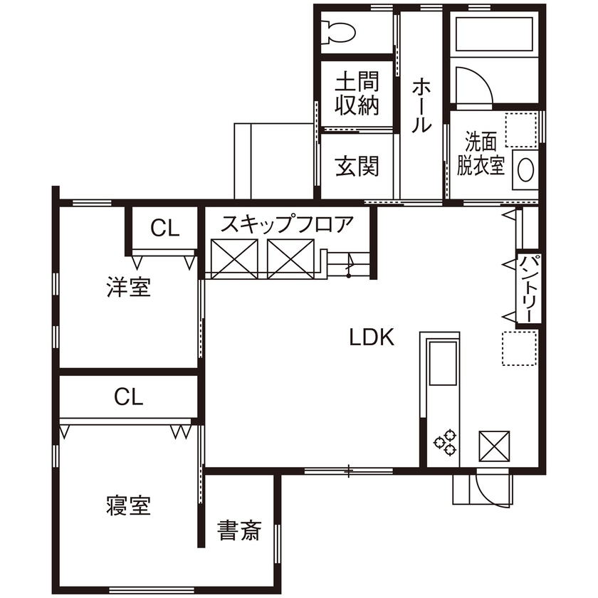 サンクスホーム 【1000万円台×平屋｜間取り図有】お子さんの成長を優しく見守る、スキップフロアのある住まいの間取り図（2LDK）1階