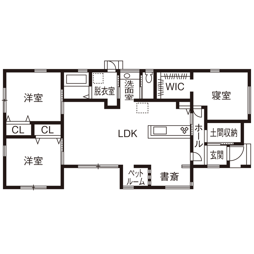 サンクスホーム 【2000万円台×平屋｜間取り図有】大切な愛犬と共に、居心地のいいリビングで団らんを楽しむ家の間取り図（3LDK＋ペットルーム）1階