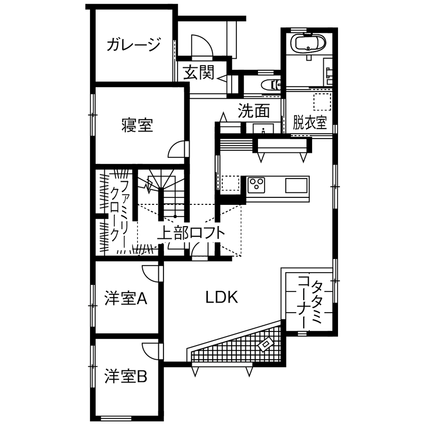 サンクスホーム 【平屋×ガレージ×2365万円｜間取り図有】アウトドア好きな家族が選んだ、薪ストーブのあるロフト付き平屋の間取り図（3LDK＋ロフト）1階
