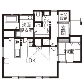 サンクスホーム 【伊勢の実例】働くママの暮らしが一変！吹抜け、ぐるぐる動線の家が1000万円台。「家事が楽になりました」の間取り図（4LDK）１階