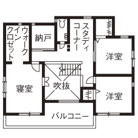 サンクスホーム 【伊勢の実例】働くママの暮らしが一変！吹抜け、ぐるぐる動線の家が1000万円台。「家事が楽になりました」の間取り図（4LDK）２階