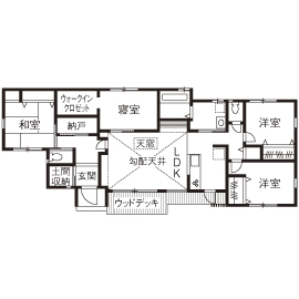 サンクスホーム 【伊勢の実例】ウッドデッキでＢＢＱ、勾配天井のリビングも自慢の平屋建て。「家事も子育ても楽です」の間取り図（4LDK）１階