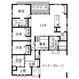サンクスホーム 【伊勢の実例】インナーガレージ、開放感いっぱいのＬＤＫが自慢の平屋。「モデルハウスを参考にしました」の間取り図（4LDK）１階