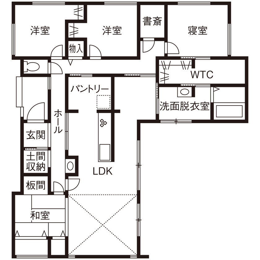 サンクスホーム 【2000万円台×平屋｜間取り図有】洗濯がわずか数歩で完結！自然豊かな風景と調和する平屋の住まいの間取り図（4LDK＋書斎）1階