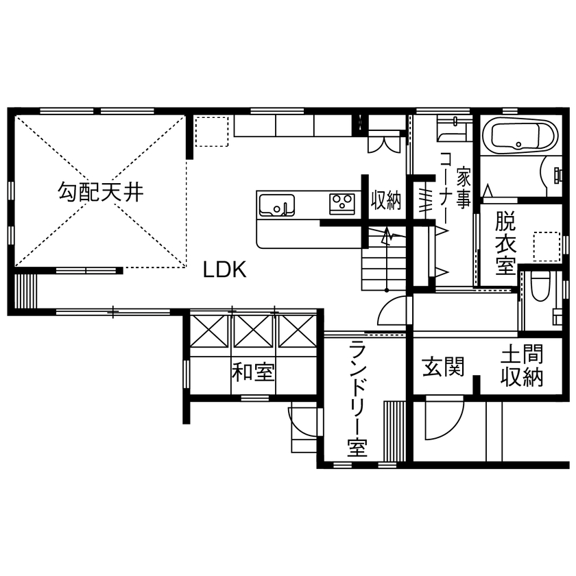 サンクスホーム 【鈴鹿の実例｜間取り図有】「おはよう」「ただいま」を起点に考えた動線で暮らしやすい！北欧風の可愛い家の間取り図（4LDK＋ランドリー室）1階