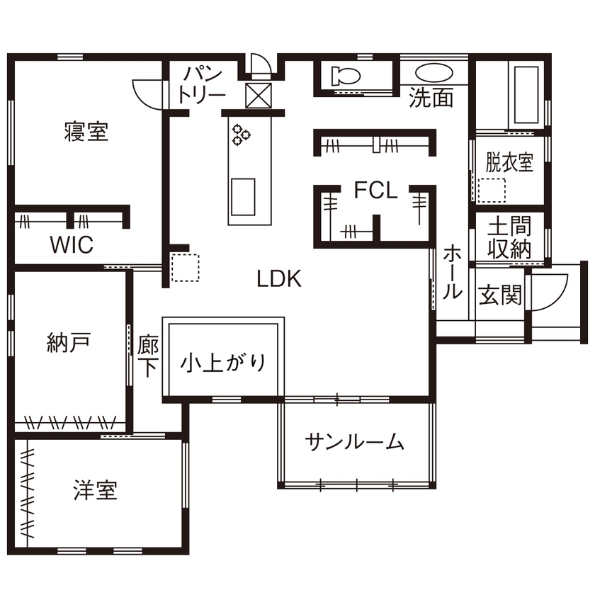 サンクスホーム 【2000万円台×平屋｜間取り図有】スムーズな家事動線とたっぷりの収納を備えた平屋の住まいの間取り図（2LDK＋サンルーム）1階