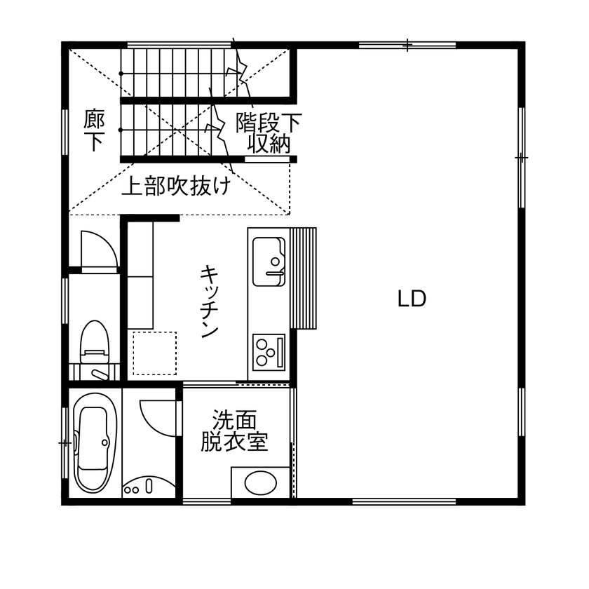 サンクスホーム 【1000万円台｜間取り図有】遊びも在宅ワークも。使い方、無限大！ガレージのあるシンプルな3階建てハウスの間取り図（4LDK＋ガレージ）2階