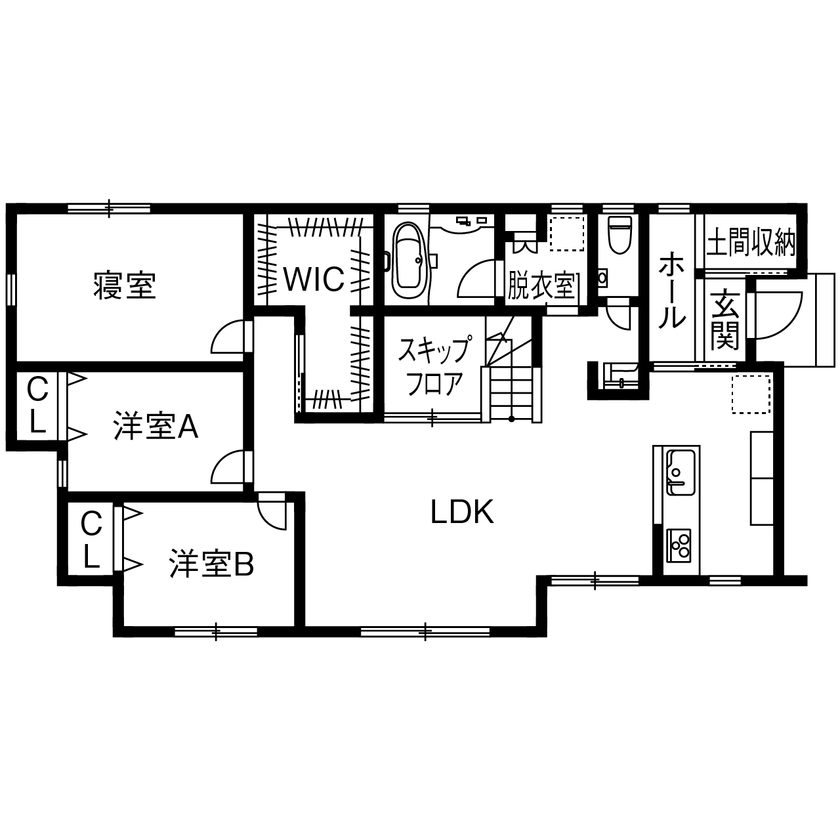 サンクスホーム 【平屋×スキップフロア×2040万円｜間取り図有】見積もりもプランも何度でも。20代で建てた子育て向き平屋の間取り図（3LDK＋スキップフロア）1階