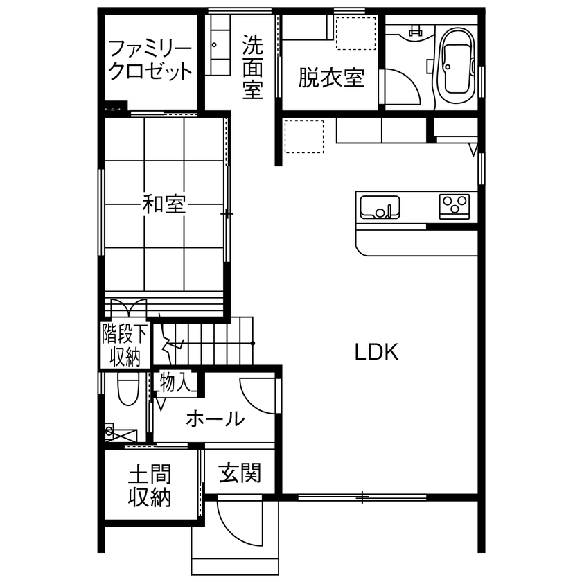 サンクスホーム 【2000万円台×ホテルライク｜間取り図有】和モダンをテーマに、旅先のようにくつろげる家をデザインの間取り図（4LDK＋土間収納）1階