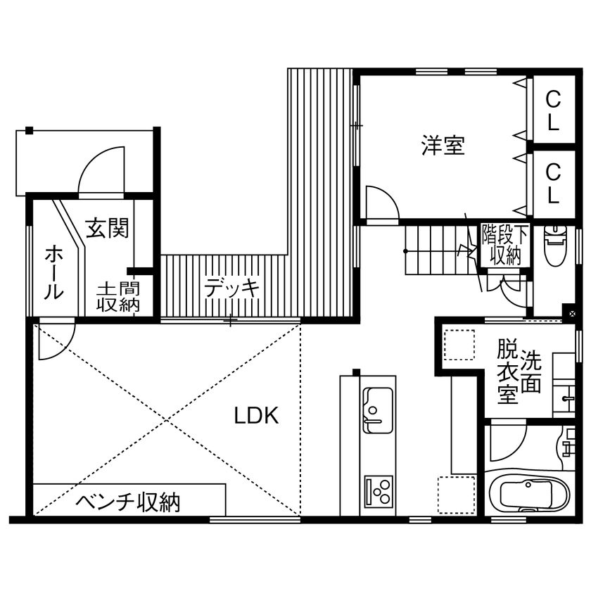 サンクスホーム 【2000万円台×コの字｜間取り図有】延床29坪でも開放感たっぷり！外と緩やかにつながるアメリカンハウスの間取り図（3LDK＋土間収納）1階