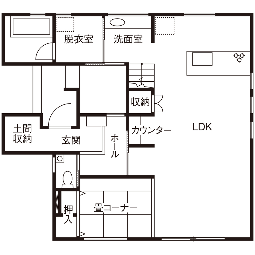 サンクスホーム 【2000万円台×中庭｜間取り図有】子育てがラクになる動線を取り入れたカフェ風の住まいの間取り図（4LDK）1階