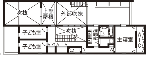 ビー・エル・ビルド　ビルド一級建築士事務所 【2000万円台/43.8坪/中庭/吹き抜け/動線/間取り図】愛車2台を美しく照らす縦長なビルトインガレージの家の間取り図（4LDK）2階