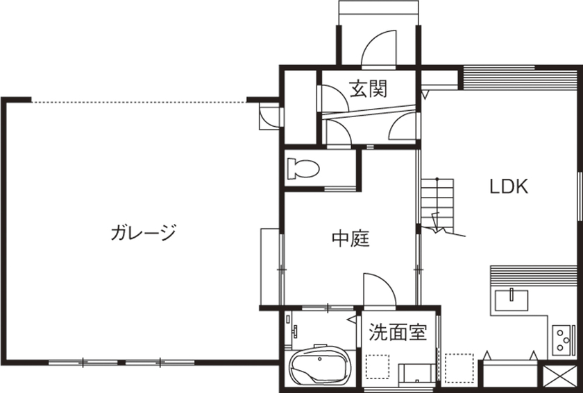 ビー・エル・ビルド　ビルド一級建築士事務所 【1000万円台/25坪/中庭/間取り図】車2台を並列駐車できるビルトインガレージハウス。家族が繋がる明るい家の間取り図（3LDK）1階