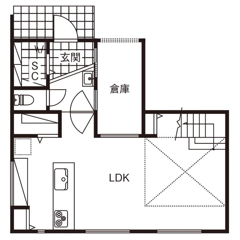 ビー・エル・ビルド　ビルド一級建築士事務所 【2000万円台/30.2坪/ペット共生/吹き抜け】愛猫とともに快適に暮らす、ナチュラルモダンの住まいの間取り図（2LDK）1階