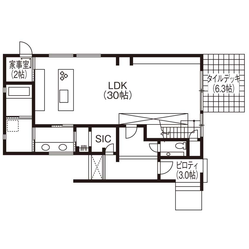 ビー・エル・ビルド　ビルド一級建築士事務所 【4000万円以上/53.9坪/カーポート/屋外ガレージ/間取り図】素材を活かしデザインした高級感漂う重厚な家の間取り図（3LDK）1階