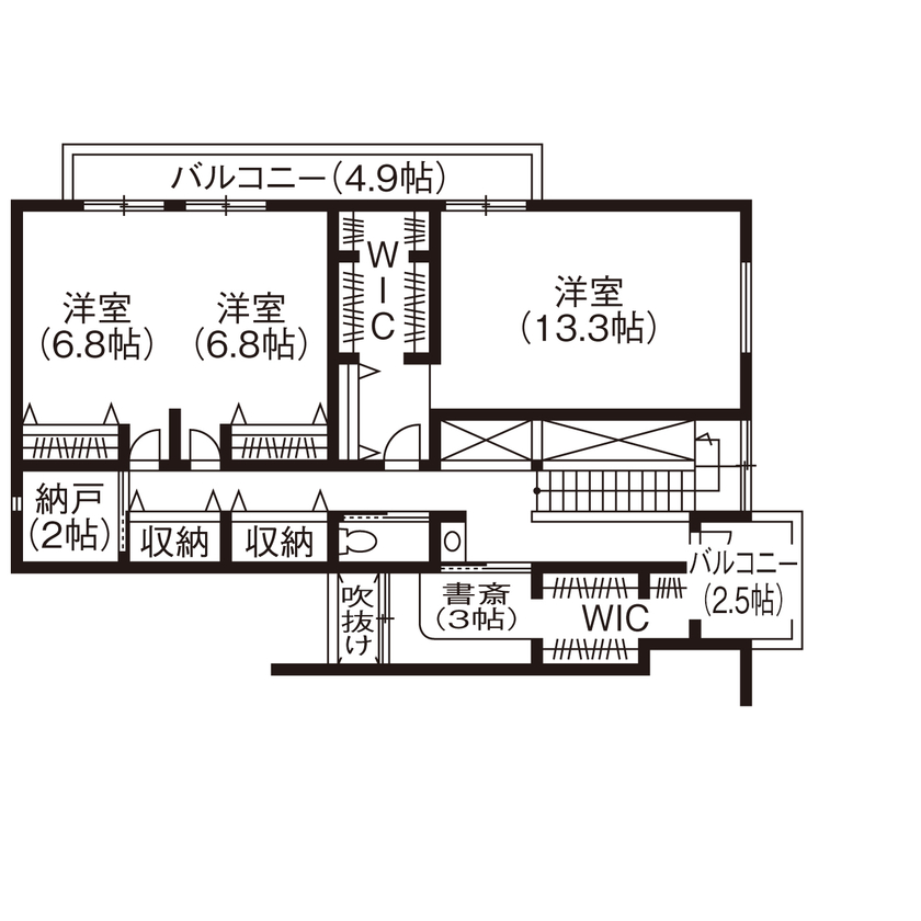 ビー・エル・ビルド　ビルド一級建築士事務所 【4000万円以上/53.9坪/カーポート/屋外ガレージ/間取り図】素材を活かしデザインした高級感漂う重厚な家の間取り図（3LDK）2階