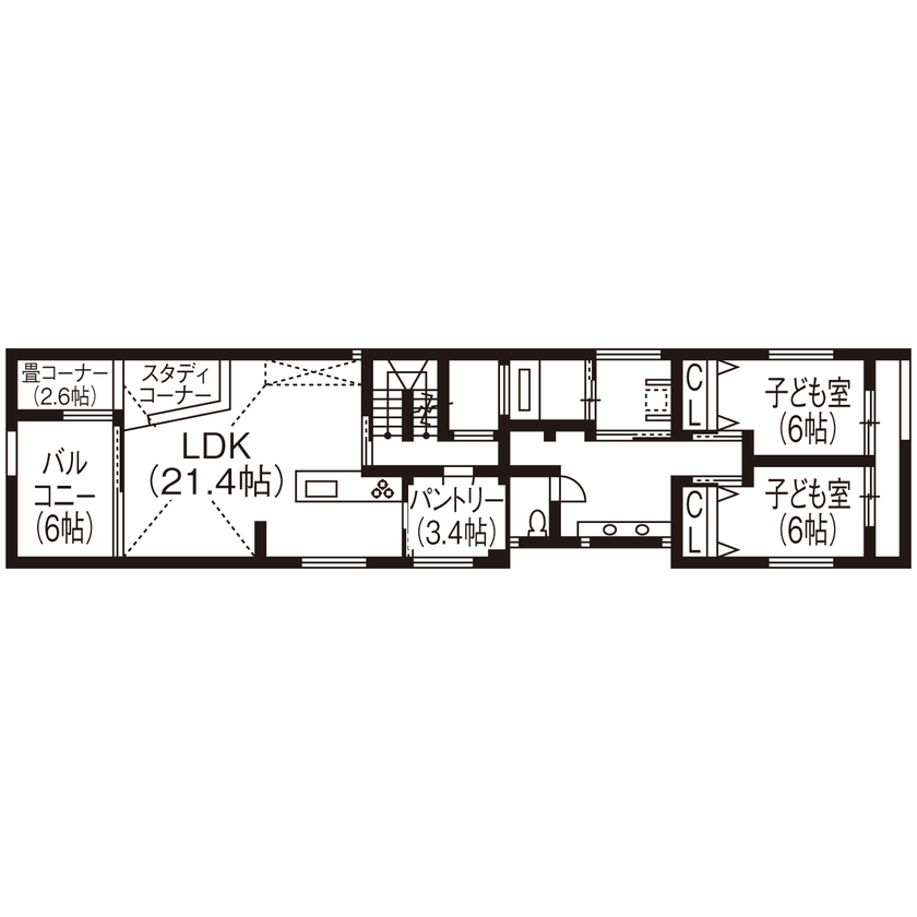 ビー・エル・ビルド　ビルド一級建築士事務所 【4000万円以上/65坪/ビルトインガレージ/車2台/屋上/間取り図】間口の狭い縦長の土地を活かす3階建て住宅の間取り図（3LDK）2階