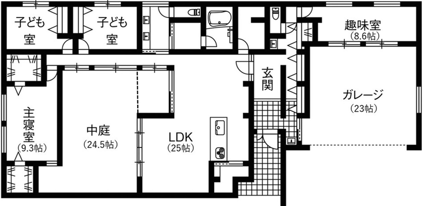ビー・エル・ビルド　ビルド一級建築士事務所 【4000万円以上/59.1坪/平屋/ビルトインガレージ/車2台/間取り図】内に広がる開放感。モダン建築な注文住宅の間取り図（3LDK）1階