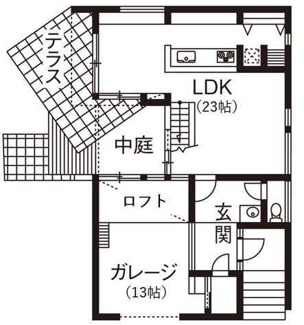 ビー・エル・ビルド　ビルド一級建築士事務所 【2000万円台/34.9坪/ビルトインガレージ/吹き抜け/間取り図】家族と空間を明るく繋ぐ中庭が真ん中にある家の間取り図（3LDK）1階