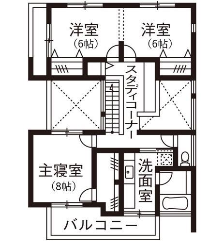 ビー・エル・ビルド　ビルド一級建築士事務所 【2000万円台/34.9坪/ビルトインガレージ/吹き抜け/間取り図】家族と空間を明るく繋ぐ中庭が真ん中にある家の間取り図（3LDK）2階