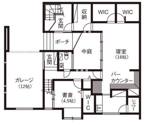 ビー・エル・ビルド　ビルド一級建築士事務所 【4000万円以上/64.3坪/ビルトインガレージ/中庭/間取り図】1階は内に、2階は外に開く寛ぎに合った注文住宅の間取り図（3LDK）1階