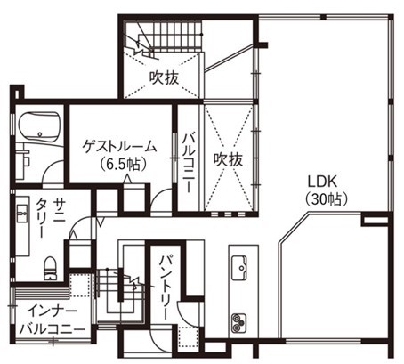 ビー・エル・ビルド　ビルド一級建築士事務所 【4000万円以上/64.3坪/ビルトインガレージ/中庭/間取り図】1階は内に、2階は外に開く寛ぎに合った注文住宅の間取り図（3LDK）2階