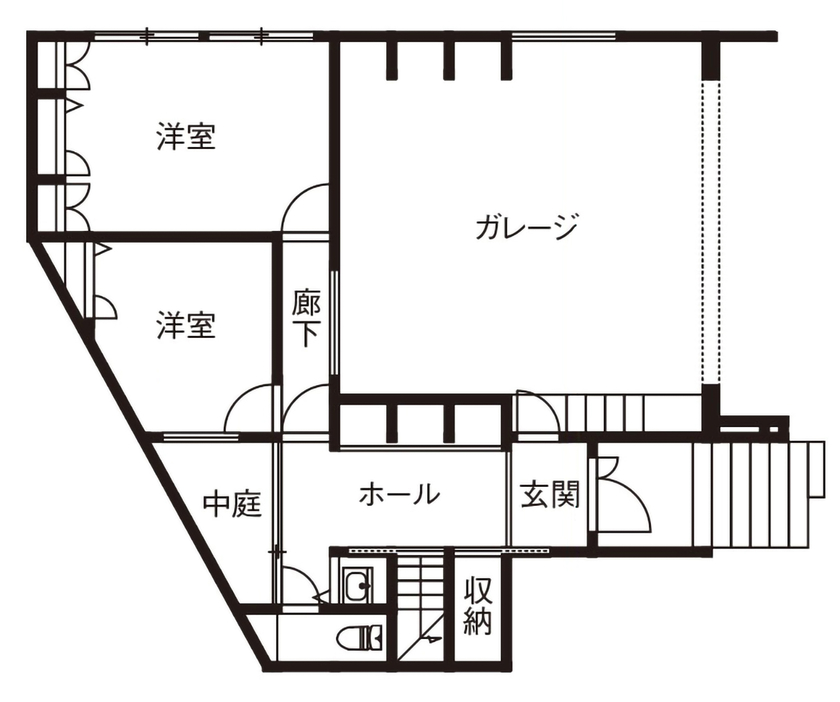 ビー・エル・ビルド　ビルド一級建築士事務所 【4000万円以上/64坪/車2台/ビルトインガレージ/変形地/間取り図】洗練された住空間の開放的な3階建て住宅の間取り図（5K以上）1階
