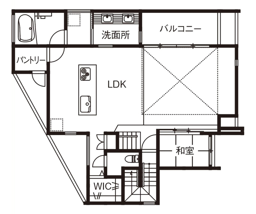 ビー・エル・ビルド　ビルド一級建築士事務所 【4000万円以上/64坪/車2台/ビルトインガレージ/変形地/間取り図】洗練された住空間の開放的な3階建て住宅の間取り図（5K以上）2階