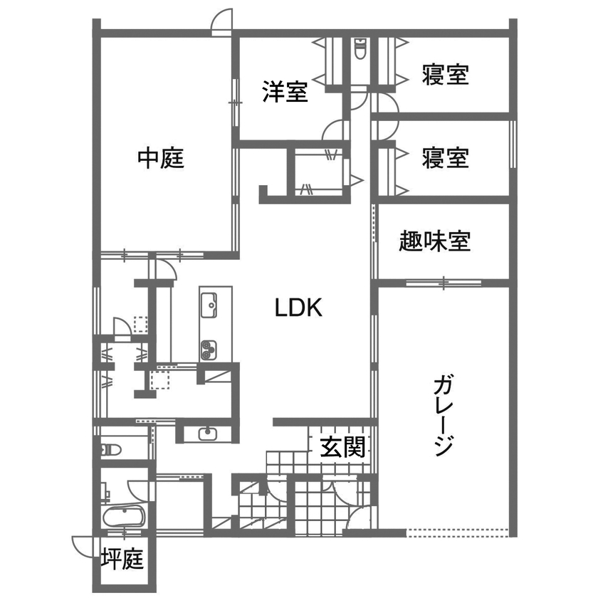 ビー・エル・ビルド　ビルド一級建築士事務所 【4000万円台/44.8坪/平屋/ガレージハウス】趣味のガレージが暮らしの中心にある、秘密基地のような平屋の間取り図（3LDK）1階