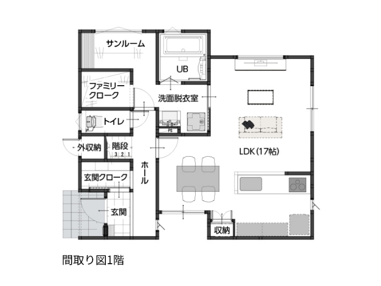 ハーバーハウス 家族の時間を楽しむモスグリーンの塗り壁の家の間取り図（3LDK）1階