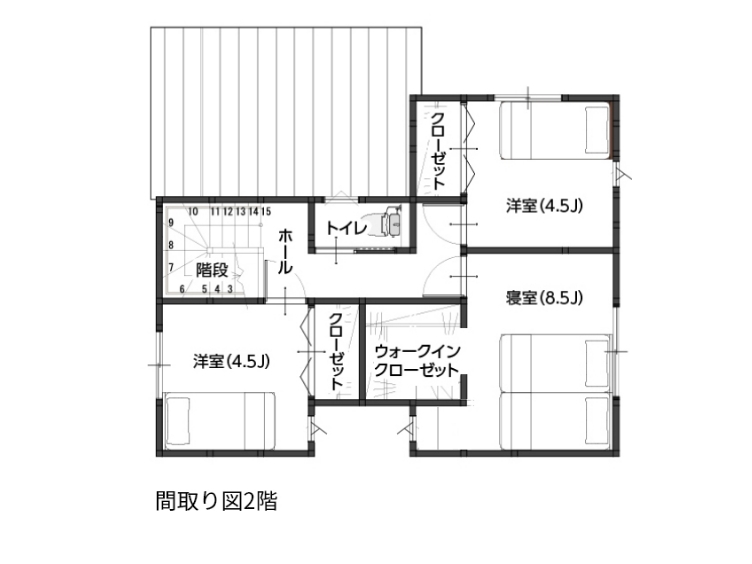 ハーバーハウス 家族の時間を楽しむモスグリーンの塗り壁の家の間取り図（3LDK）2階