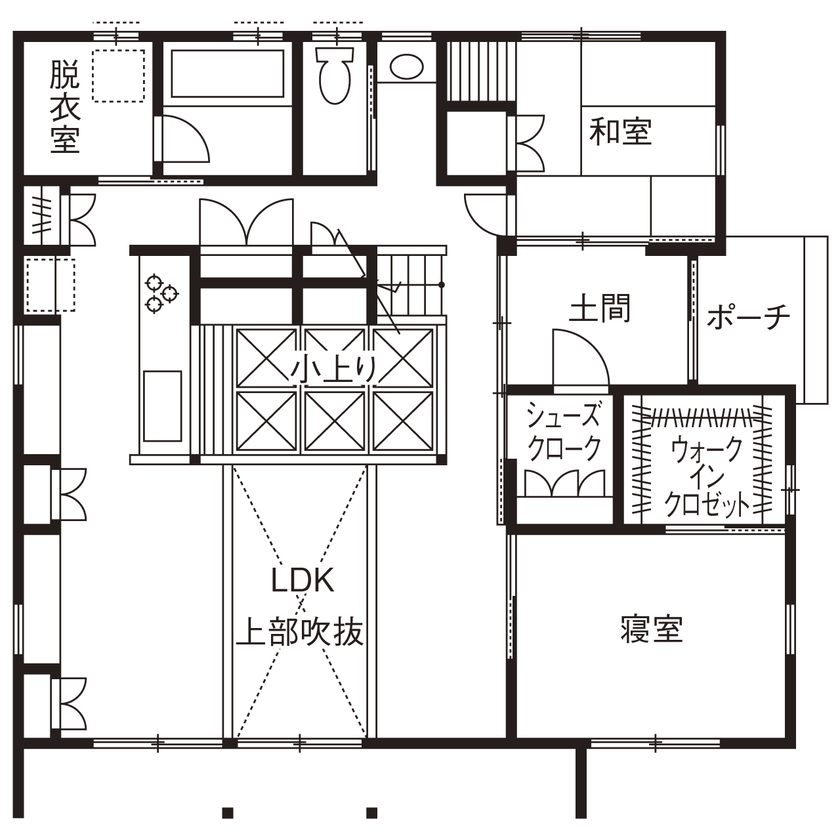 福工房 【2000万円台/2階建て/40坪台/吹き抜け/間取り図/駐車スペース有】2世帯が仲良く暮らす国産ヒノキが香る家の間取り図（6LDK＋土間）１階