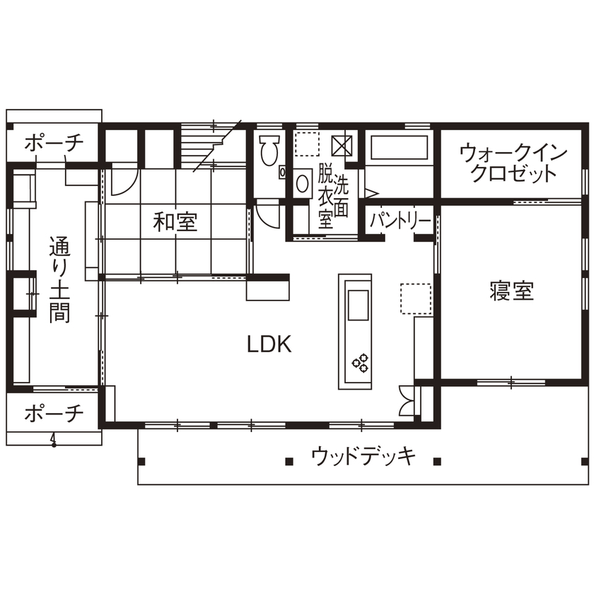 福工房 【2000万円台/平屋/20坪台/2LDK/庭/モダン/間取り図】光と風が抜ける通り土間のある28坪のコンパクトな平屋の間取り図（２LDK＋通り土間）1階