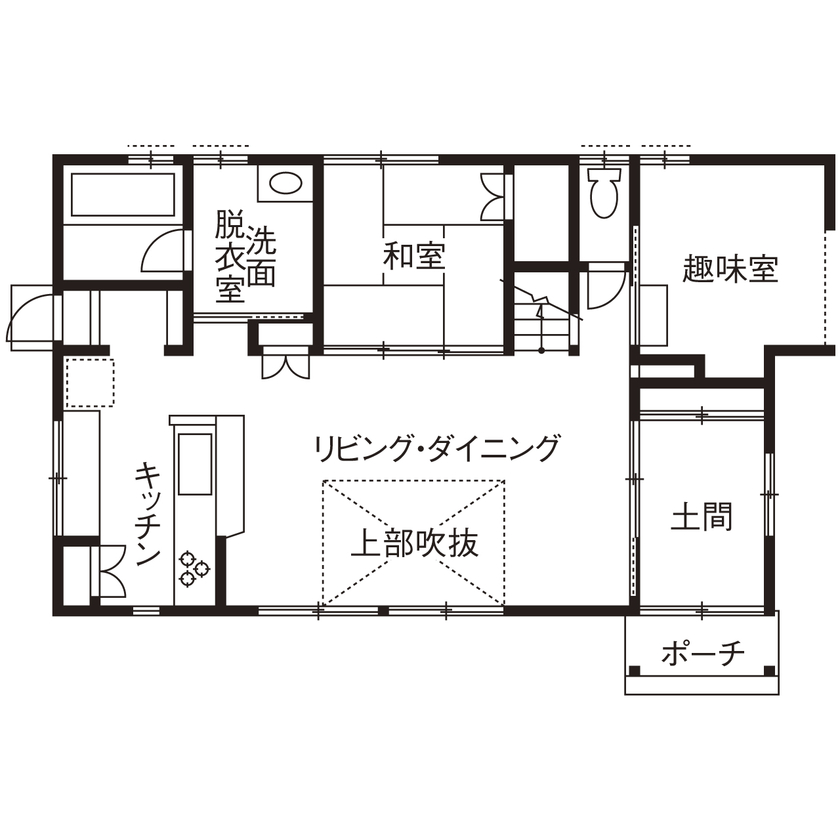 福工房 【1000万円台/30坪台/4LDK/吹抜けリビング/間取り図】「木の香りがした時、建ててよかったと思います」の間取り図（4LDK＋土間＋趣味室）１階