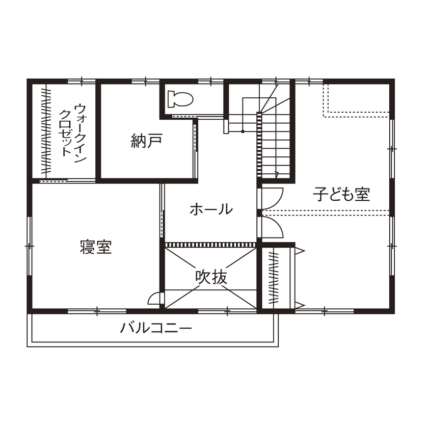 福工房 【1000万円台/30坪台/4LDK/吹抜けリビング/間取り図】「木の香りがした時、建ててよかったと思います」の間取り図（4LDK＋土間＋趣味室）2階