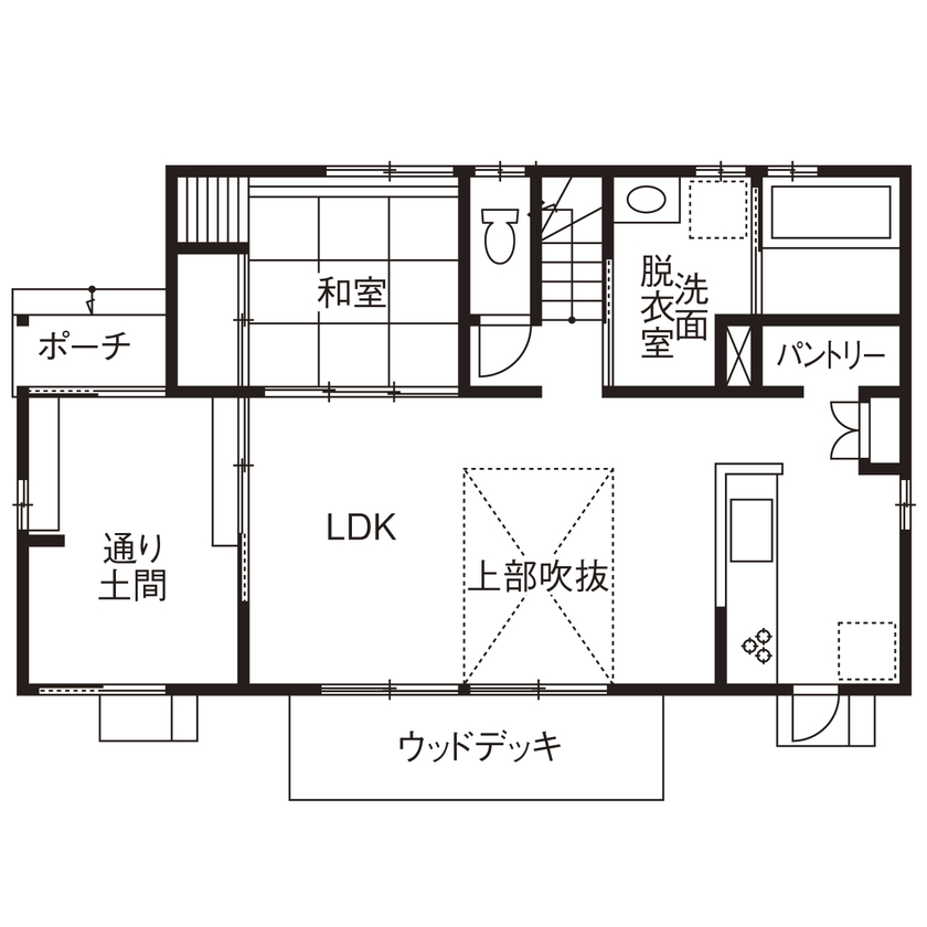 福工房 【1000万円台/2階建て/30坪台/4LDK/全館空調/吹き抜け/間取り図】ヒノキのいい香りが漂う子育てハウスの間取り図（4LDK＋土間＋小屋裏）１階
