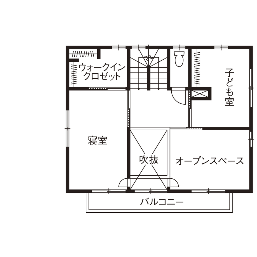 福工房 【1000万円台/2階建て/30坪台/4LDK/全館空調/吹き抜け/間取り図】ヒノキのいい香りが漂う子育てハウスの間取り図（4LDK＋土間＋小屋裏）２階