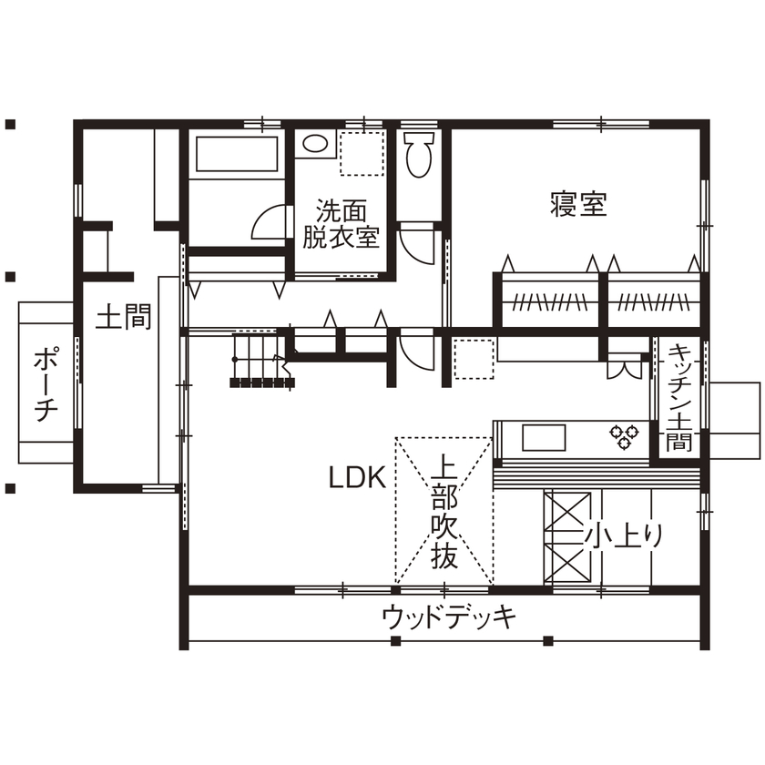福工房 【2000万円台/2階建て/40坪台/5LDK/土間/間取り図】アウトドア好き家族が建てた国産ヒノキのカッコいい家の間取り図（５LDK+土間）１階