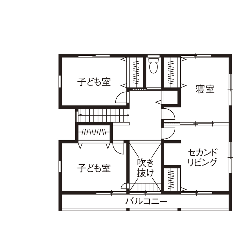 福工房 【2000万円台/2階建て/40坪台/5LDK/土間/間取り図】アウトドア好き家族が建てた国産ヒノキのカッコいい家の間取り図（５LDK+土間）２階