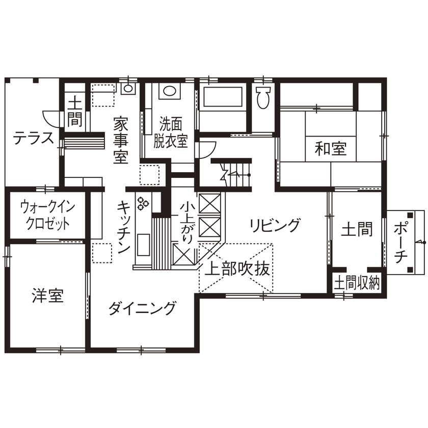 福工房 【3000万円/2階建て/2世帯/50坪台/5LDK/間取り図】2世帯住宅×国産ヒノキの家が52坪でこの価格！の間取り図（5LDK＋土間）１階
