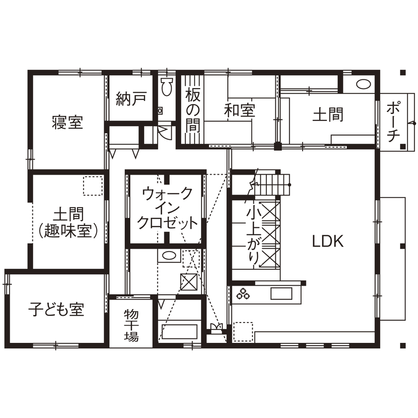 福工房 【2000万円台/平屋/30坪台/3LDK/間取り図/駐車スペース有】ネコもノビノビ暮らす開放感たっぷりの平屋の間取り図（３LDK＋土間×２）１階