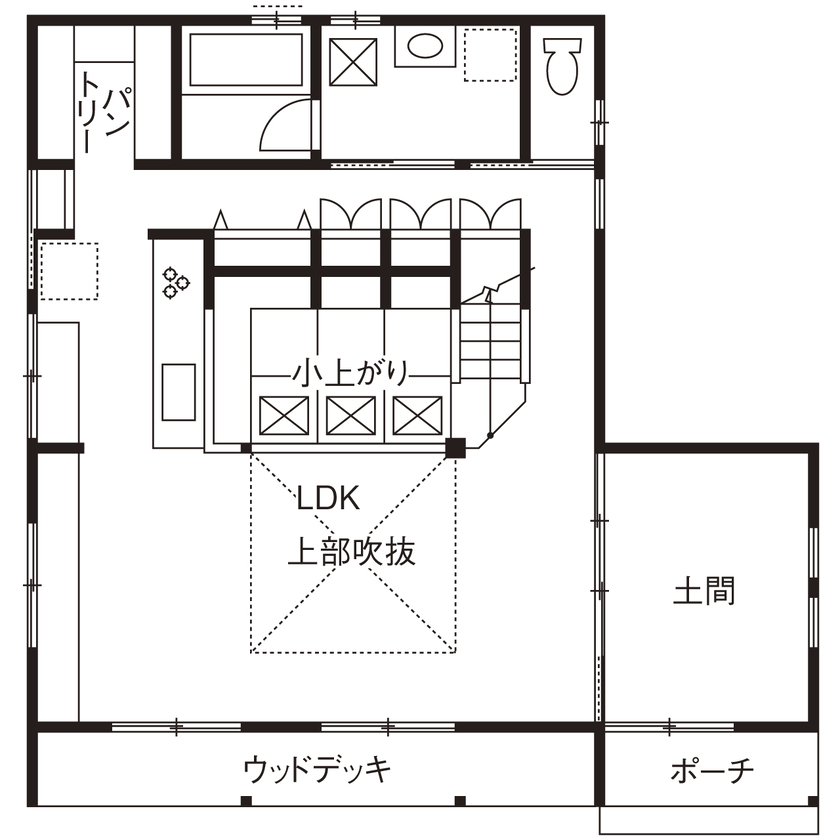 福工房 【2000万円台/2階建て/40坪/3LDK/吹き抜け/モダンな外観/間取り図】広い土間はアウトドア好きにぴったり！の間取り図（3LDK＋土間）1階