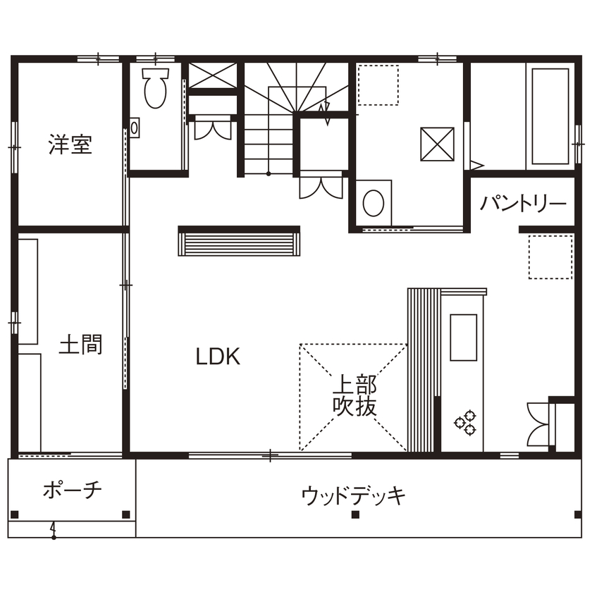 福工房 【2000万円台/30坪/カバードポーチ風/4LDK/間取り図】ヒノキのいい香りがするかっこいいアメリカンハウスの間取り図（4LDK＋土間）1階
