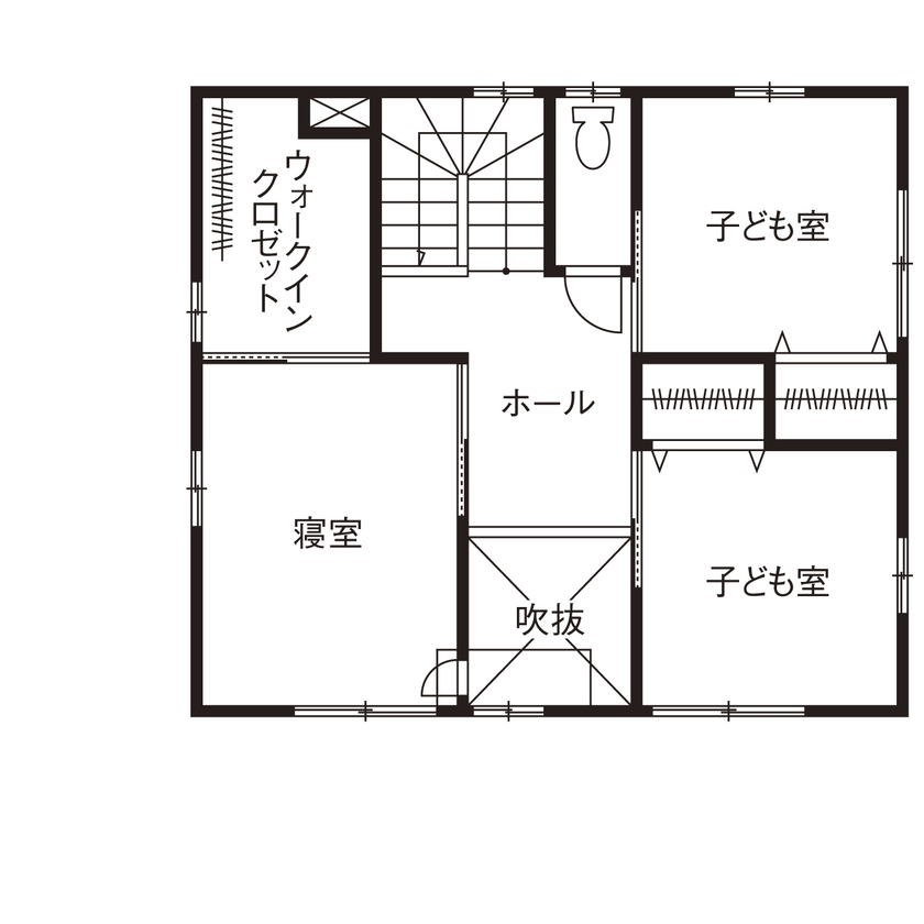 福工房 【2000万円台/30坪/カバードポーチ風/4LDK/間取り図】ヒノキのいい香りがするかっこいいアメリカンハウスの間取り図（4LDK＋土間）2階