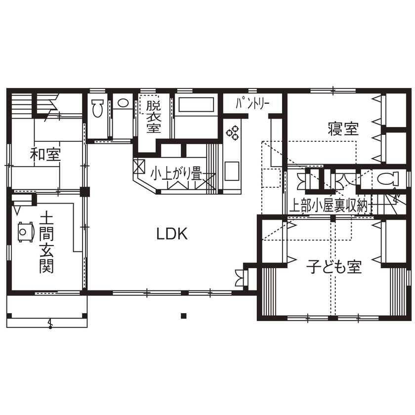 福工房 【平屋/2000万円台/30坪台/4LDK/間取り図】ヒノキが香る平屋で憧れの田舎暮らしの間取り図（4LDK＋土間）1階