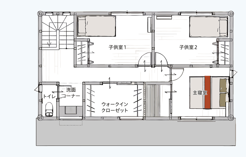 アルファホーム 【愛知県刈谷市｜オーダーキッチン】お気に入りのデザインに囲まれて暮らす、子育ての家の間取り図（3LDK）2階