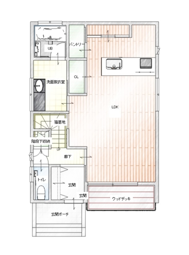 アルファホーム 【愛知県高浜市｜オーダーキッチン】気がつけば、３人と３匹がキッチンに集まる、にぎやかな毎日の間取り図（4LDK）1階