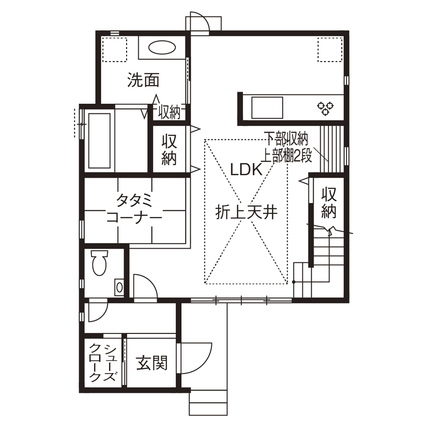 【RECO】敷島住宅　注文住宅課 【2000～2499万円/間取図あり/大阪府】大きな折上天井が開放的。外に出て寒さに驚くほど暖かくて快適！の間取り図（2LDK＋S＋畳コーナー）1階